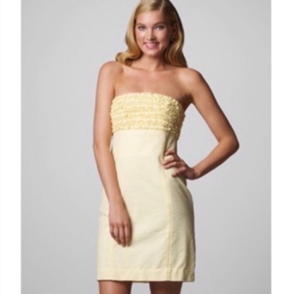 Lilly Pulitzer Franco Yellow Seersucker Striped Ruffle Strapless Dress - Size 2